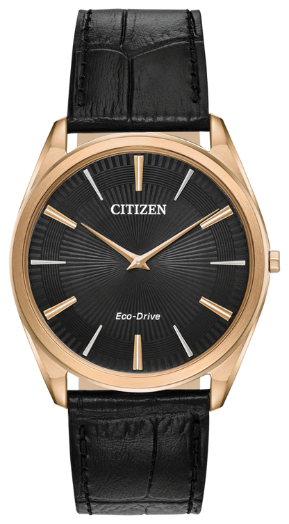 Citizen Eco-Drive Stiletto Black Dial Rose Gold Plated Mens Watch AR3073-06E