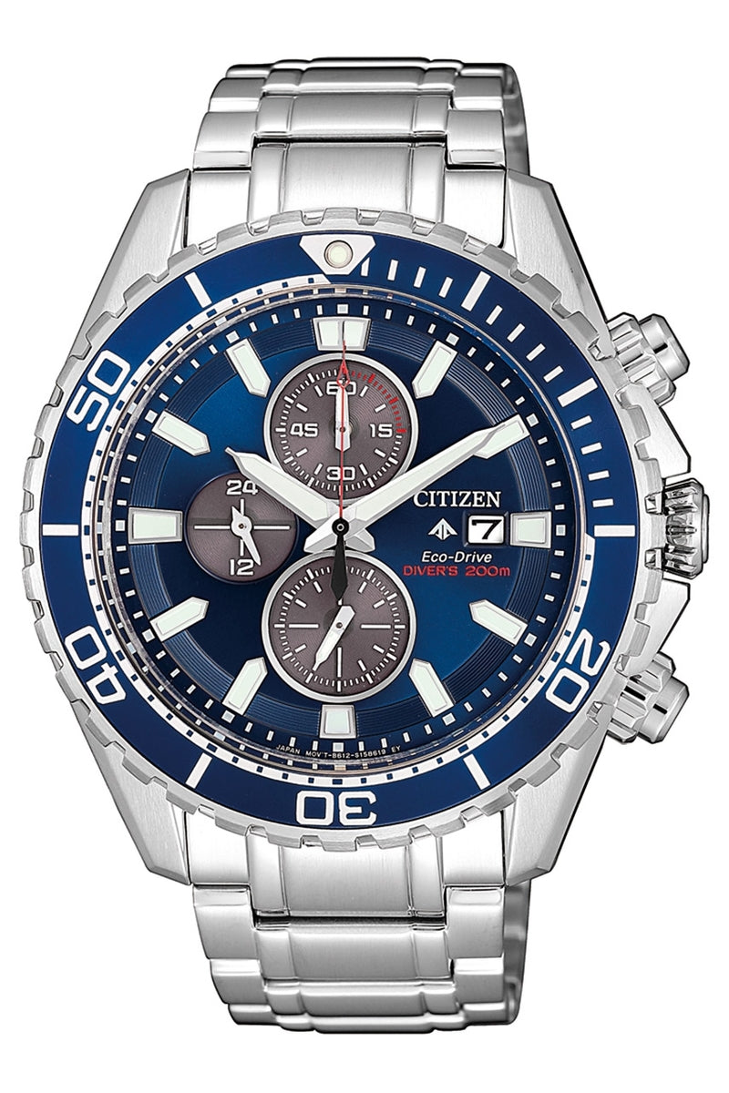 Citizen Eco-Drive Promaster Diver Blue Dial Stainless Steel Mens Chronograph Watch CA0710-82L