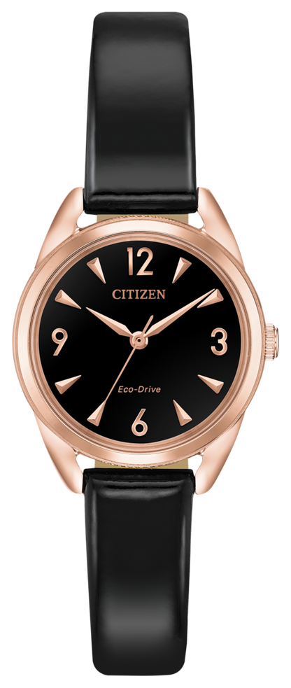 Citizen Eco-Drive LTR Long Term Relationship Black Dial Rose Gold Plated Womens Watch EM0688-01E