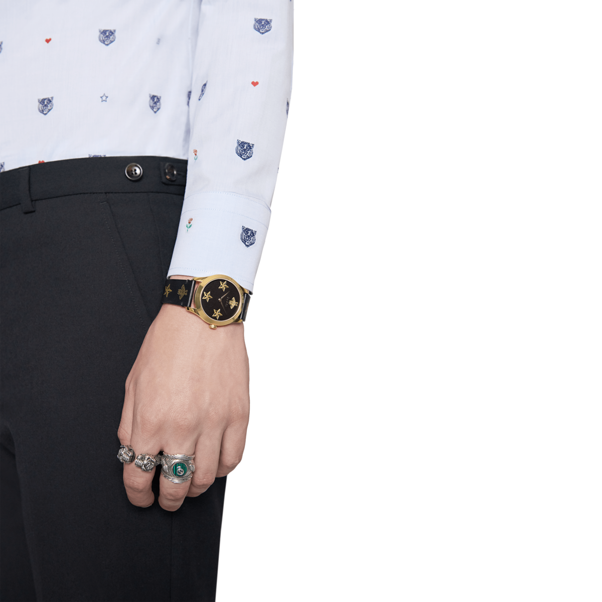 Gucci G-Timeless Le Marché des Merveilles Garden Bee & Stars Black Leather Dial PVD Gold Plated Unisex Quartz Watch YA1264055