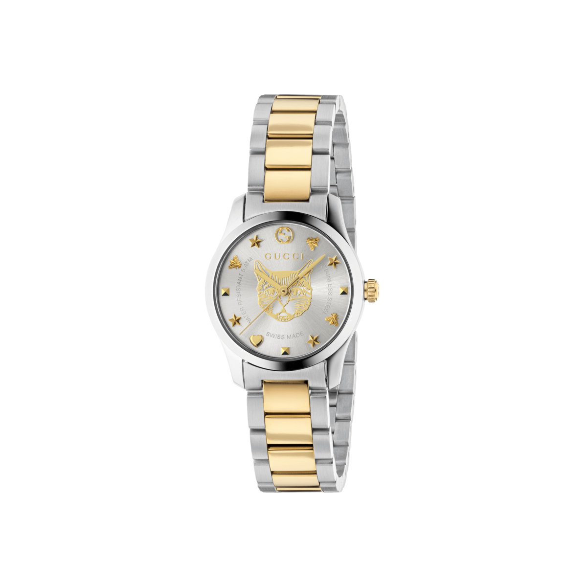 Gucci G-Timeless Feline Silver Dial Two Tone Womens Quartz Watch YA126596