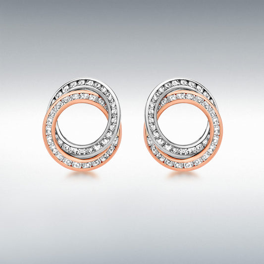 9ct White & Rose Gold Two Tone Cubic Zirconia Linked Rings Stud Earrings
