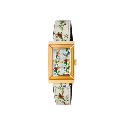 Gucci G-Frame Mother of Pearl Flower Dial PVD Gold Plated Womens Quartz Watch YA147407
