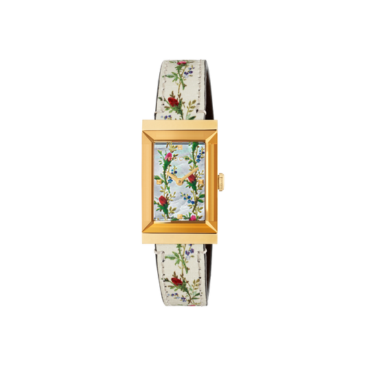 Gucci G-Frame Mother of Pearl Flower Dial PVD Gold Plated Womens Quartz Watch YA147407