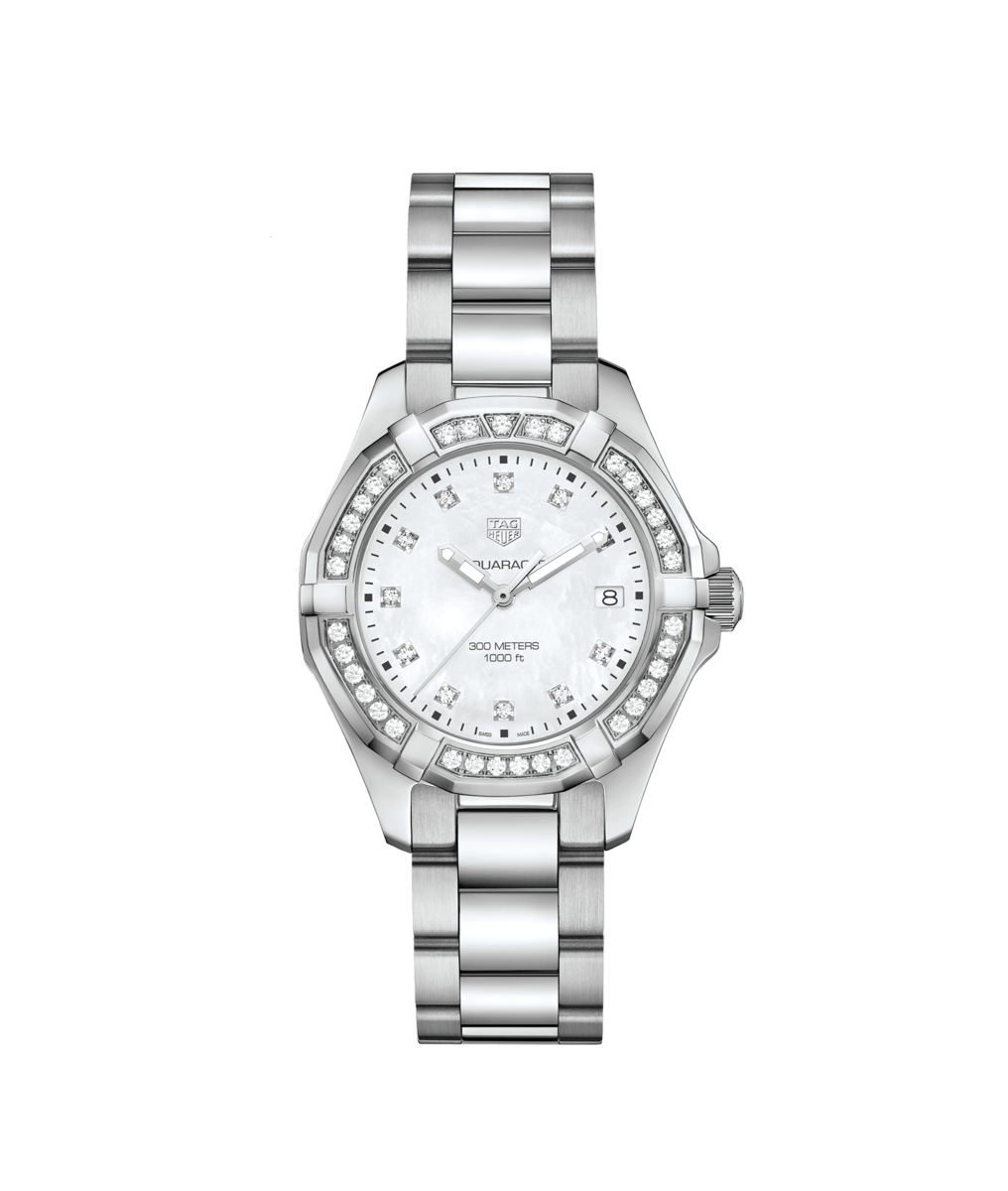 TAG Heuer Aquaracer Stainless Steel Diamond Set Mother of Pearl Dial Womens Quartz Watch 35mm WBD131C.BA0748