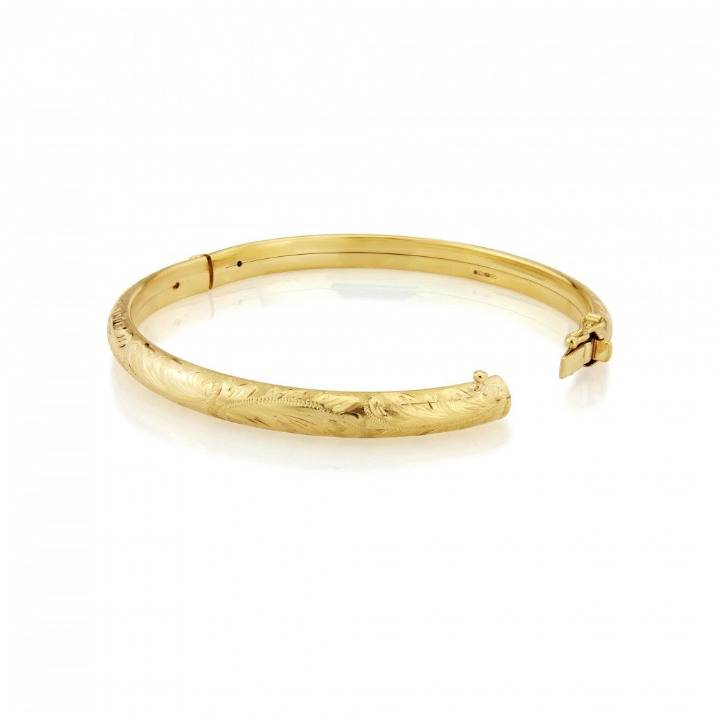9ct Gold Hand-Engraved Oval Hinged Bangle