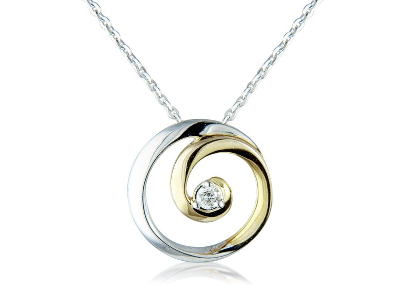 9ct Yellow & White Gold Two Tone Diamond Set Swirl Pendant Necklace