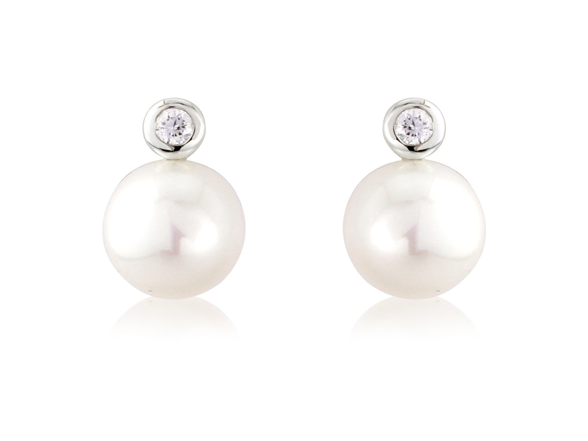 9ct White Gold Pearl & Diamond Set "Snowman" Stud Earrings