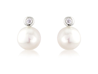 9ct White Gold Pearl & Diamond Set "Snowman" Stud Earrings