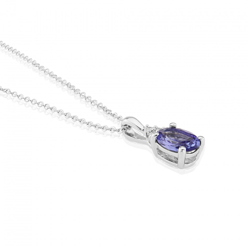 9ct White Gold Tanzanite & Diamond Set Pendant Necklace