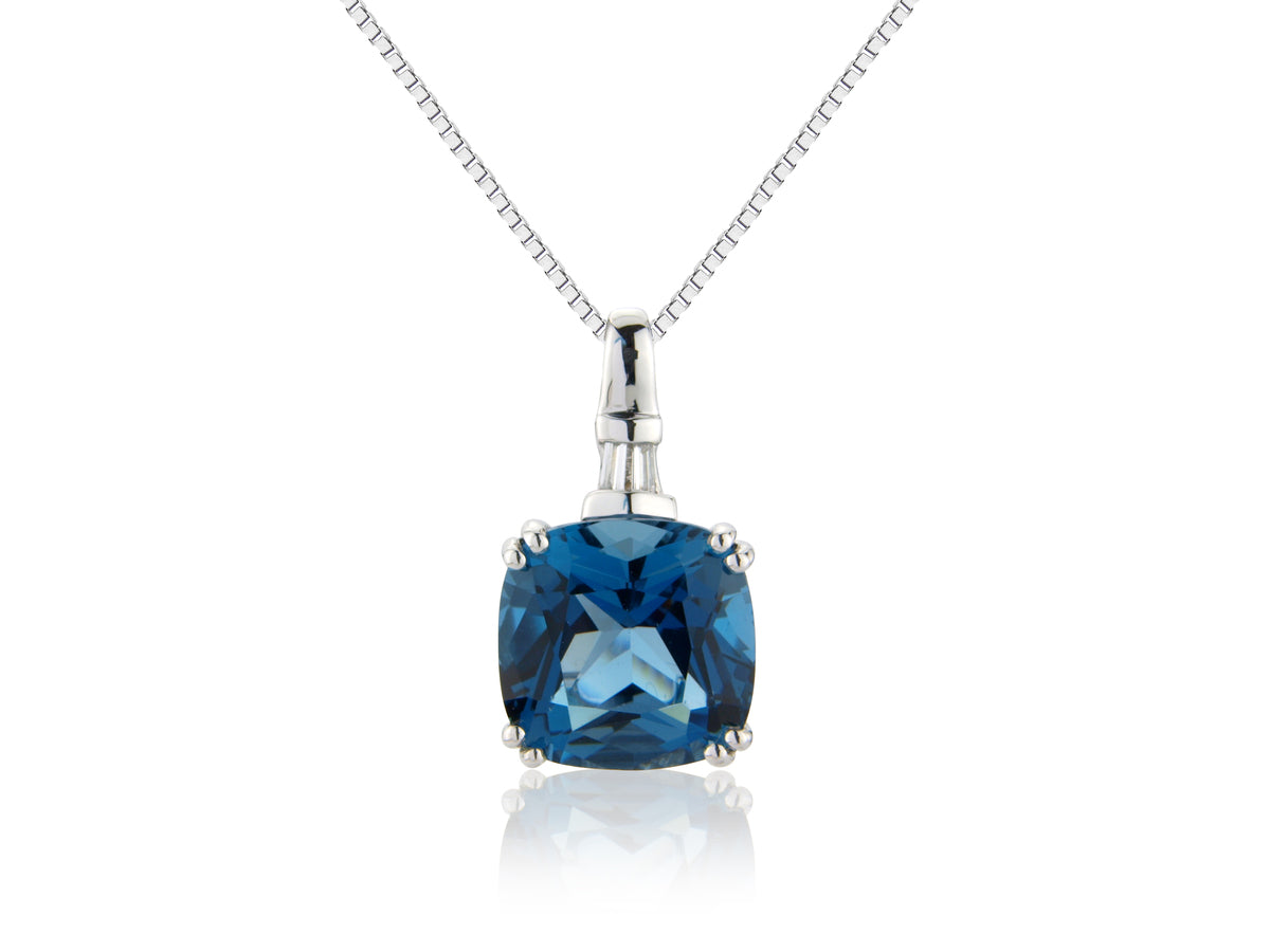 9ct White Gold Blue Topaz & Diamond Set Pendant Necklace