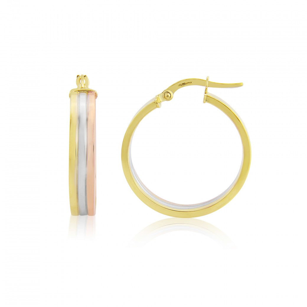 9ct 3 Colour Gold Flat Hoop Earrings
