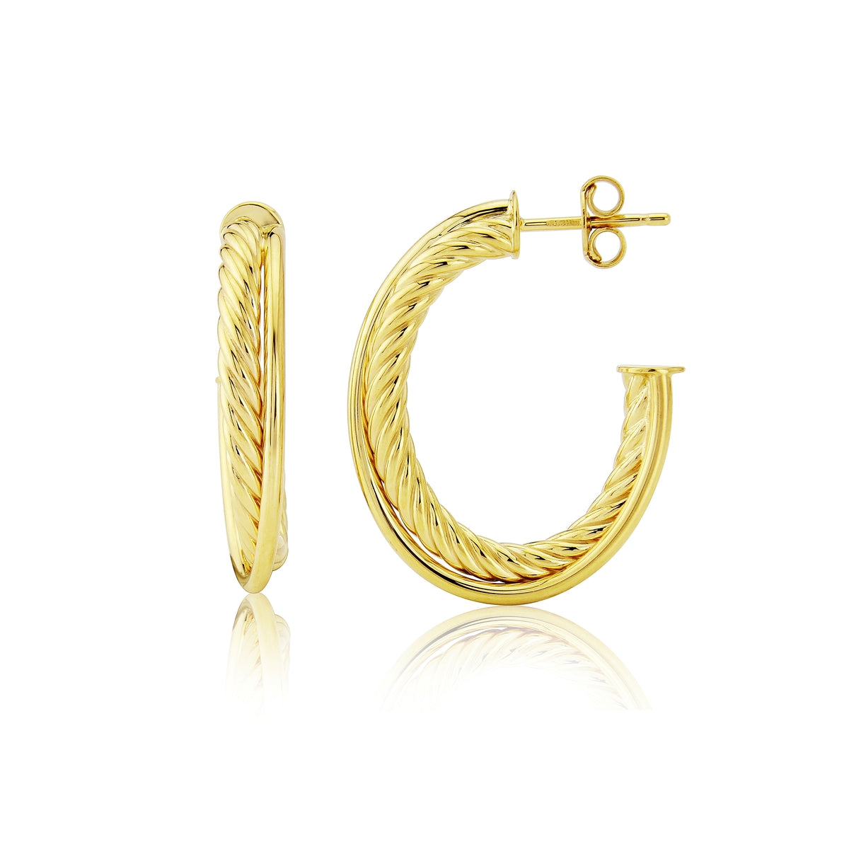 9ct Yellow Gold Spiral & Plain Texture Crossover Hoop Earrings