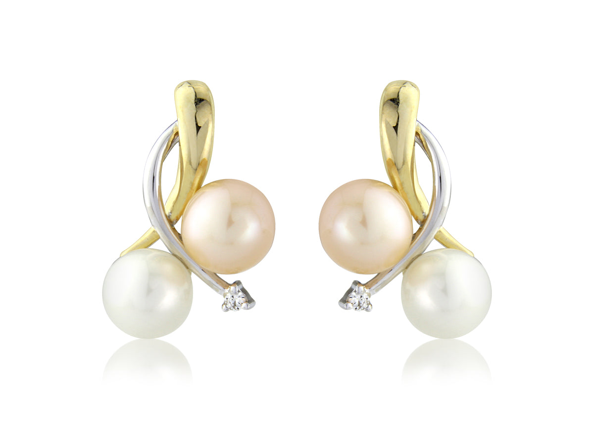 9ct Yellow & White Gold Diamond Multi Colour Pearl Stud Earrings