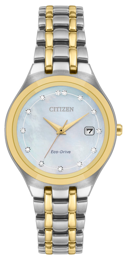 Citizen Eco-Drive Silhouette Diamond Set Mother of Pearl Dial Two Tone Womens Watch EW2488-57D