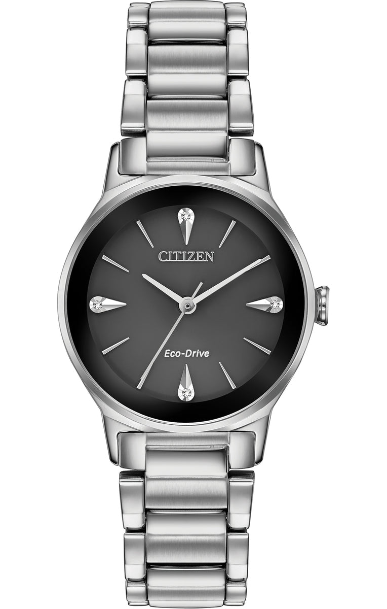 Citizen Eco-Drive Axiom Diamond Set Black Dial Stainless Steel Womens Watch EM0730-57E