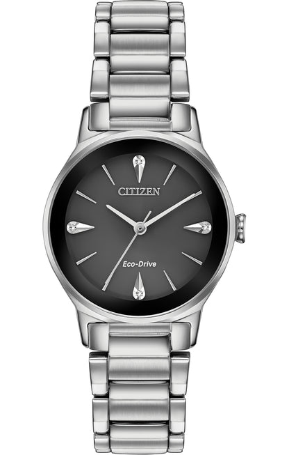Citizen Eco-Drive Axiom Diamond Set Black Dial Stainless Steel Womens Watch EM0730-57E