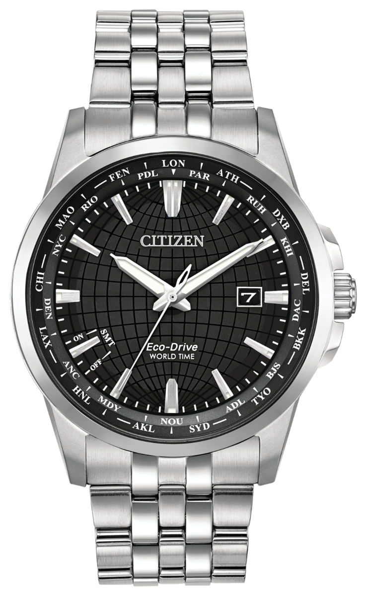 Citizen Eco-Drive World Time Black Dial Stainless Steel Mens Watch BX1000-57E