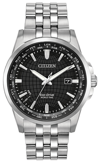Citizen Eco-Drive World Time Black Dial Stainless Steel Mens Watch BX1000-57E