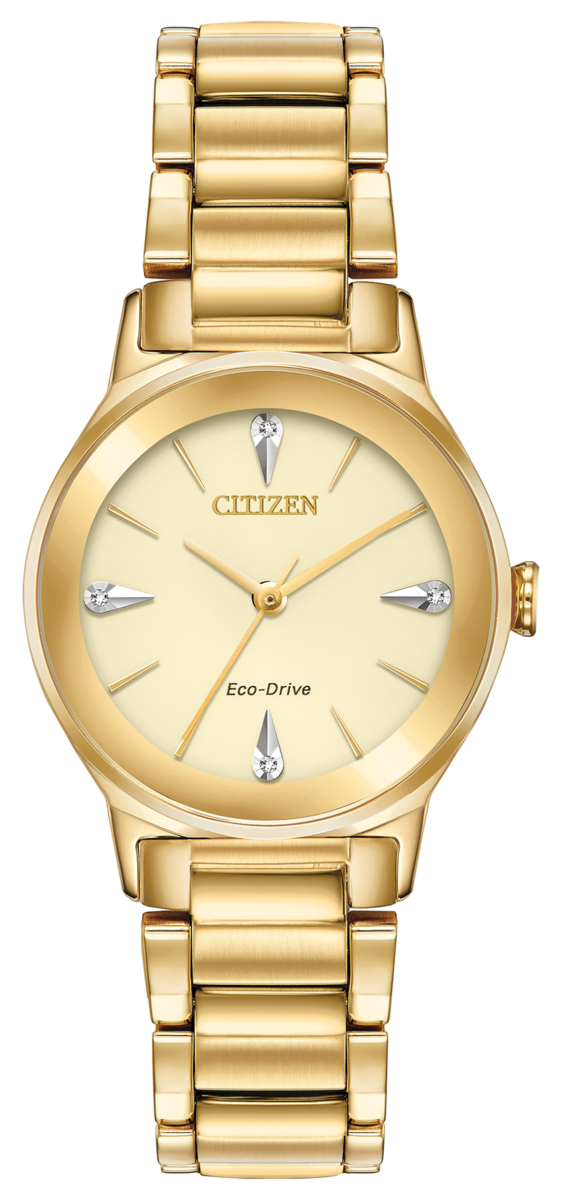 Citizen Eco-Drive Axiom Diamond Set Champagne Dial Gold Plated Womens Watch EM0732-51P