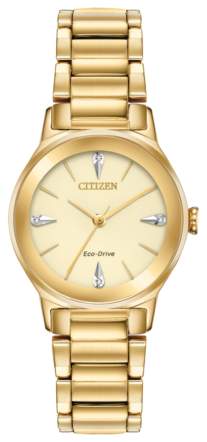 Citizen Eco-Drive Axiom Diamond Set Champagne Dial Gold Plated Womens Watch EM0732-51P