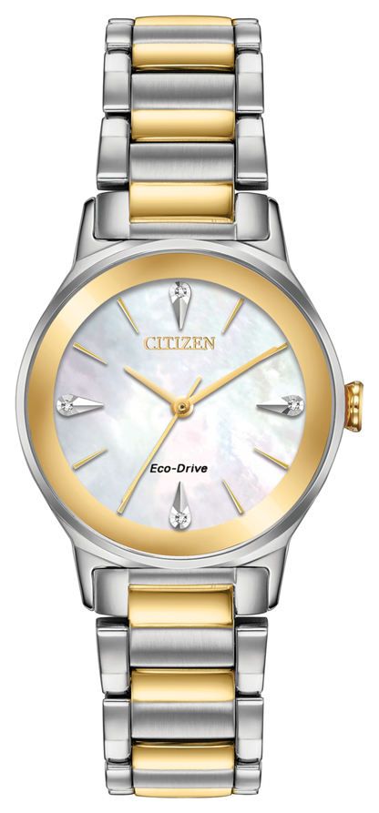 Citizen Eco-Drive Axiom Diamond Set Mother of Pearl Dial Two Tone Womens Watch EM0734-56D