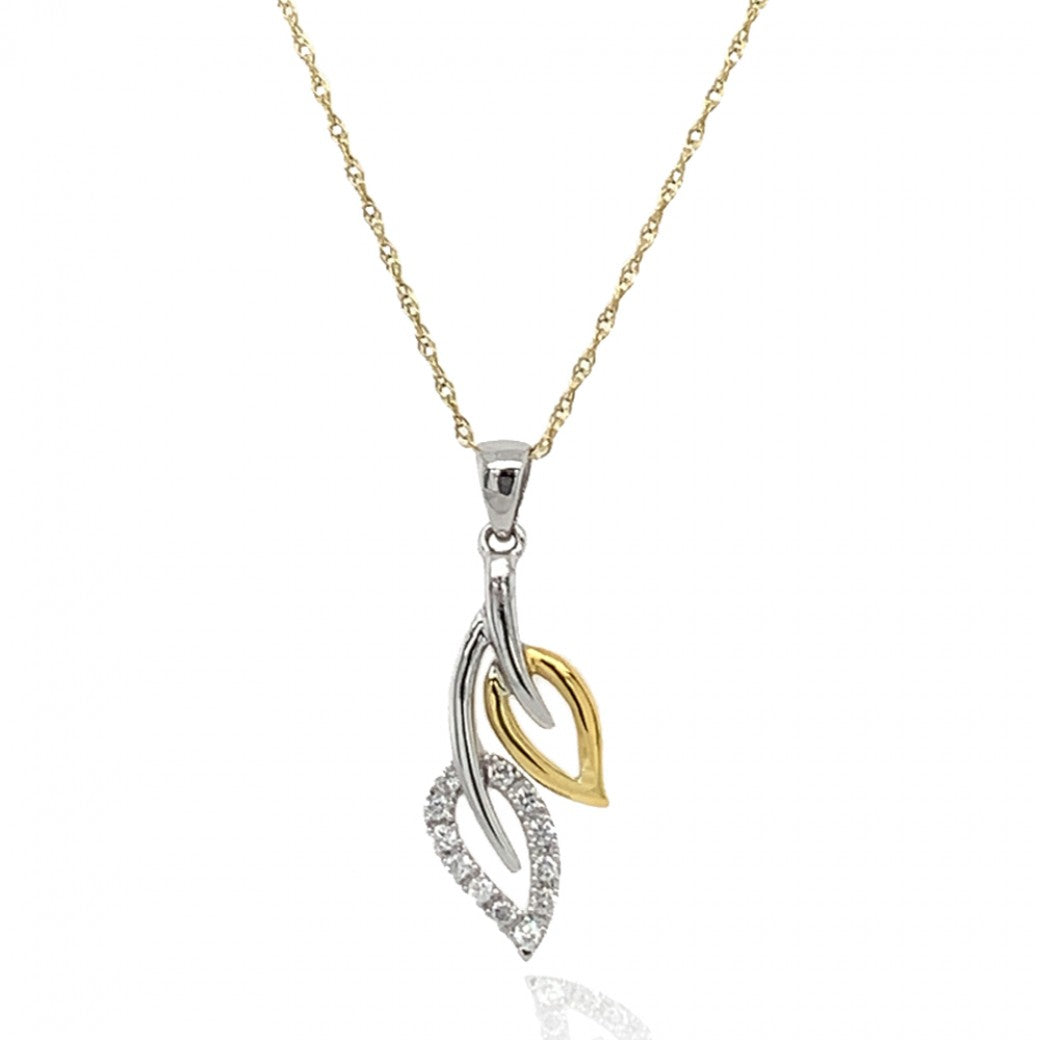 9ct Yellow & White Gold Two Tone Diamond Set Leaf Pendant Necklace