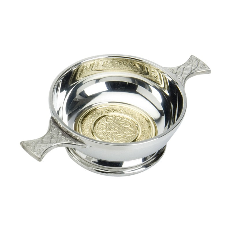 Traditional Pewter Celtic Design Quaich with Brass Insert (4" bowl)