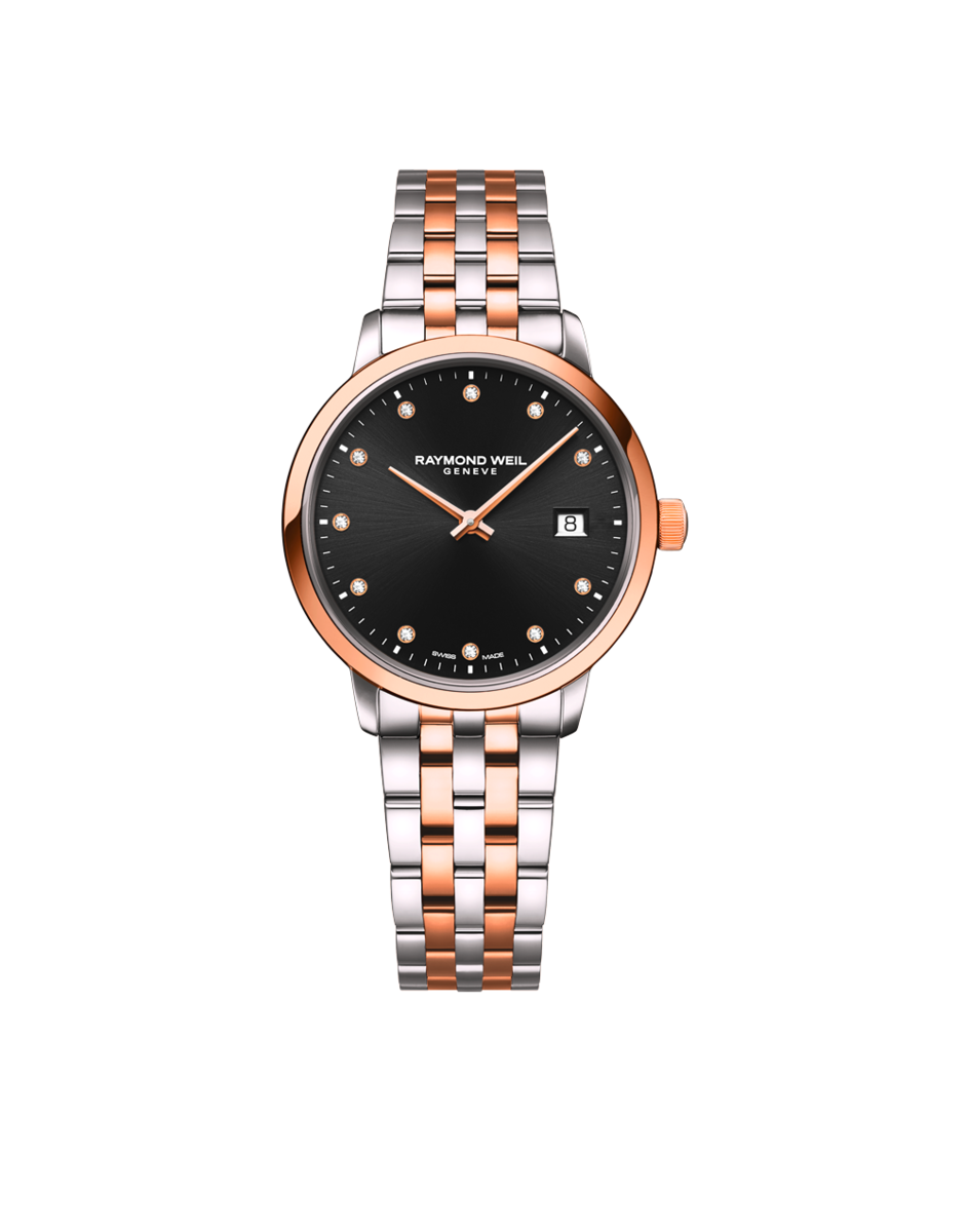 Raymond Weil Toccata Diamond Set Black Dial Two Tone Womens Quartz Watch 29mm 5985-SP5-20081