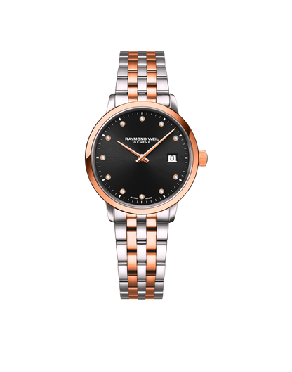 Raymond Weil Toccata Diamond Set Black Dial Two Tone Womens Quartz Watch 29mm 5985-SP5-20081