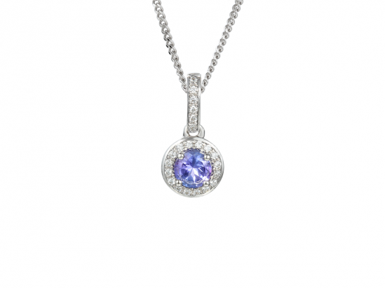 9ct White Gold Tanzanite & Diamond Set Cluster Pendant Necklace