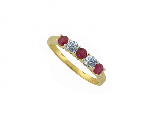 9ct Gold Claw Set Ruby & Diamond Set Five Stone Ring
