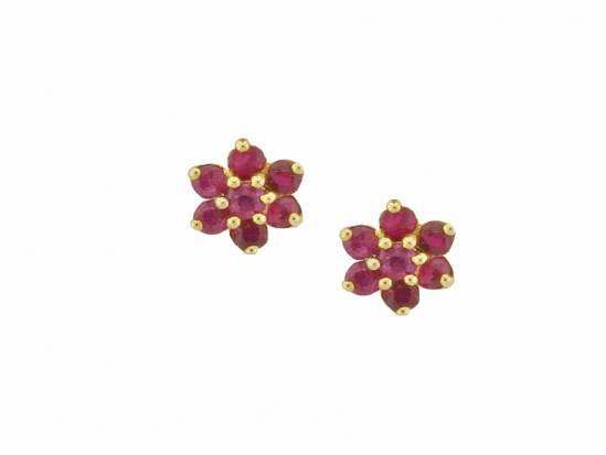 9ct Yellow Gold Ruby Cluster Flower Stud Earrings