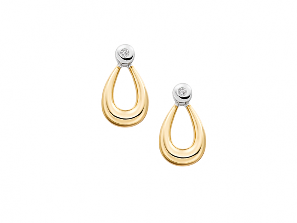 9ct Yellow & White Gold Two Tone Diamond Set Creole Loop Drop Earrings