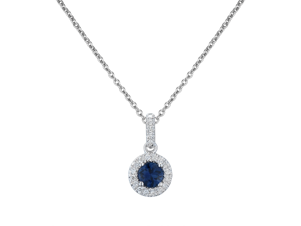 18ct White Gold Round Sapphire & Diamond Set Halo Cluster Pendant Necklace