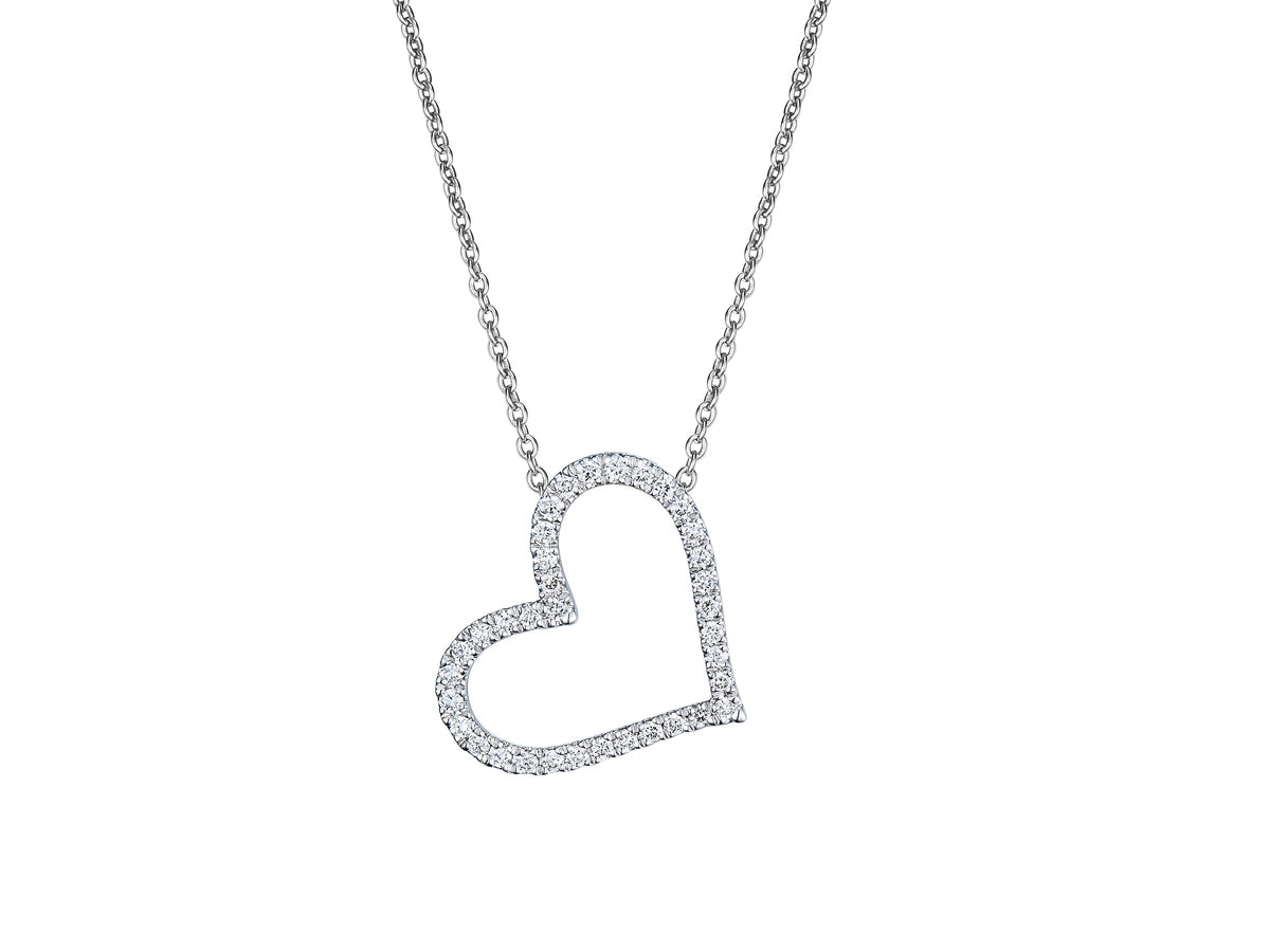 18ct White Gold Diamond Set Openwork Offset Heart Pendant Necklace