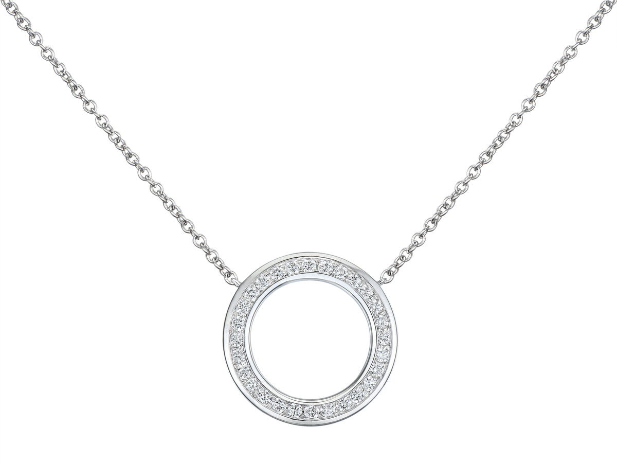 18ct White Gold Diamond Set Openwork Circle Pendant Necklace