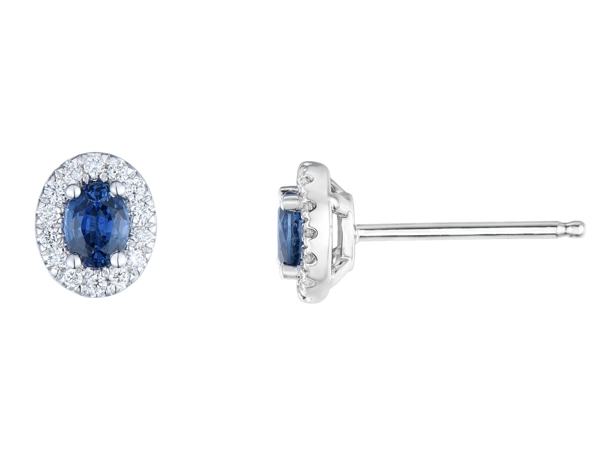 18ct White Gold Oval Sapphire & Diamond Set Cluster Stud Earrings