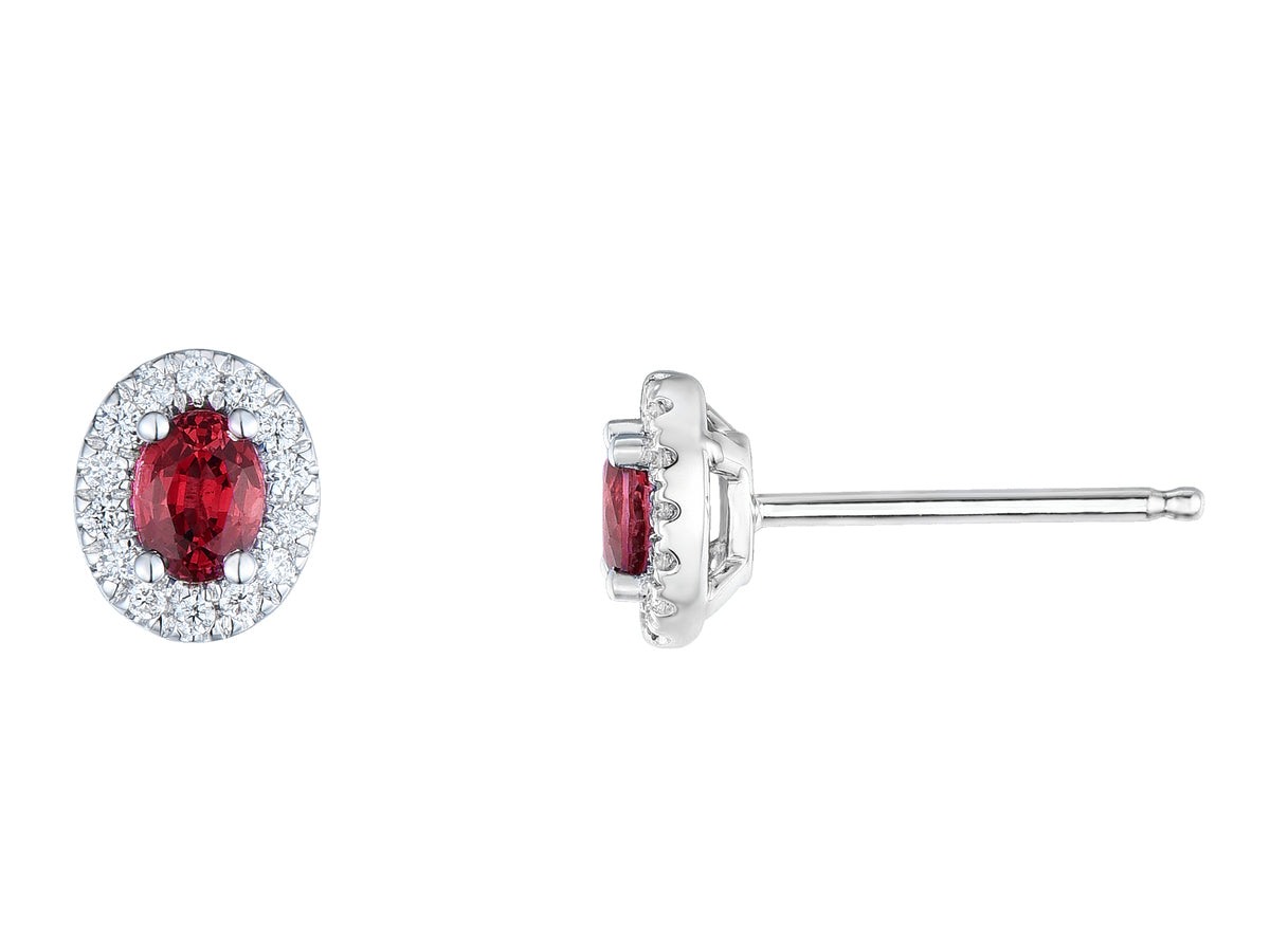 18ct White Gold Oval Ruby & Diamond Set Cluster Stud Earrings