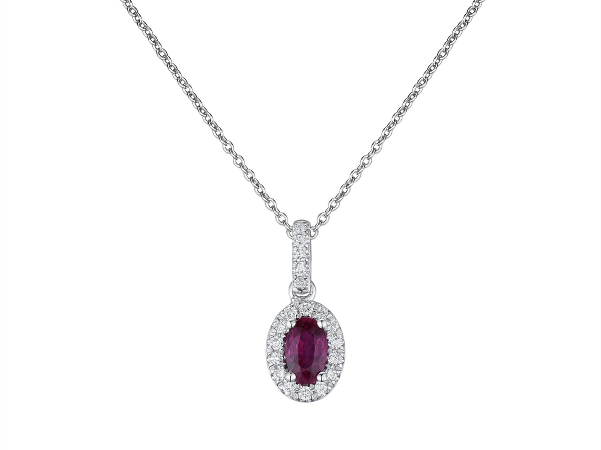 18ct White Gold Oval Ruby & Diamond Set Halo Cluster Pendant Necklace