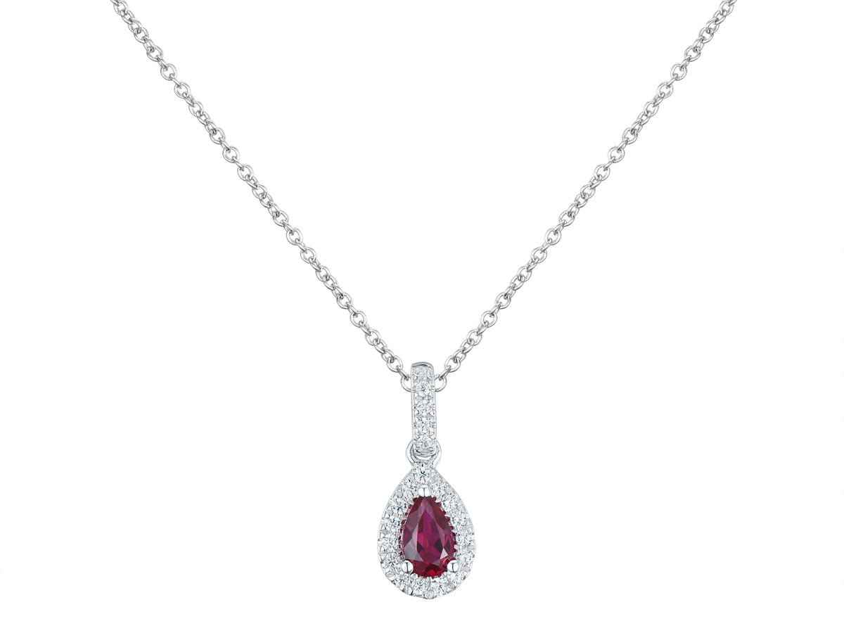 18ct White Gold Pear-Shaped Ruby & Diamond Set Halo Cluster Pendant Necklace