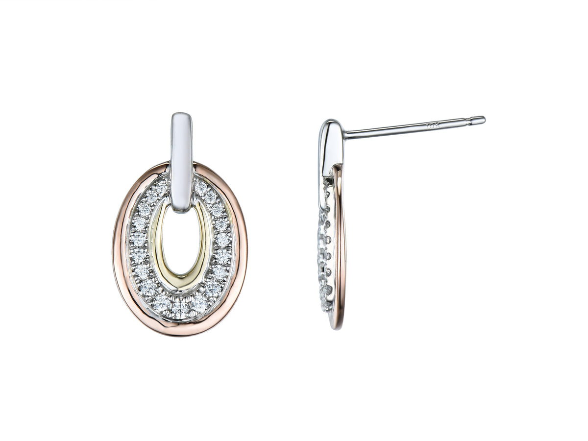 18ct Yellow, White & Pink Gold Diamond Set Oval Stud Earrings