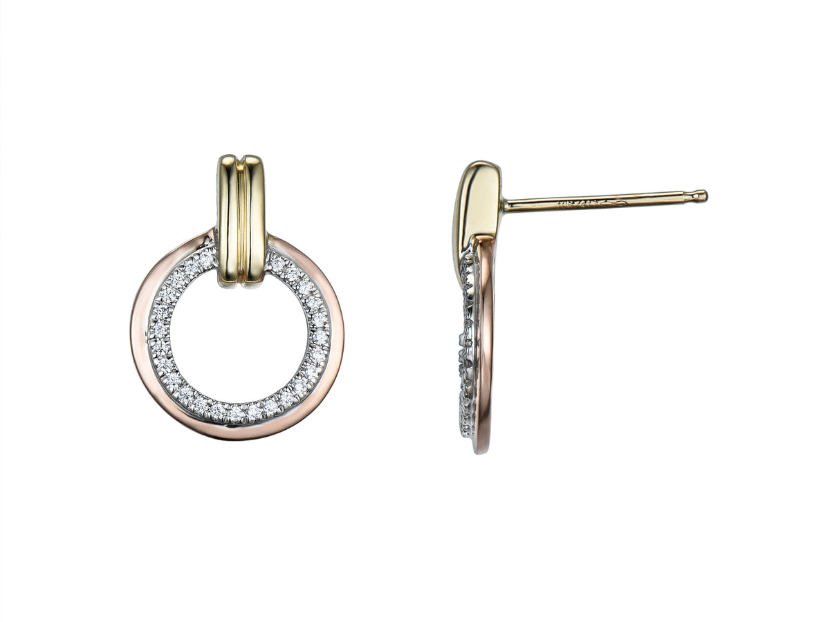 18ct Yellow, White & Pink Gold Diamond Set Circle Stud Earrings