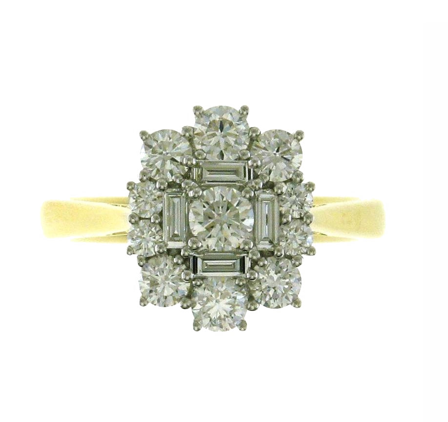 18ct Yellow & White Gold Baguette & Brilliant Cut Diamond Set Cluster Ring