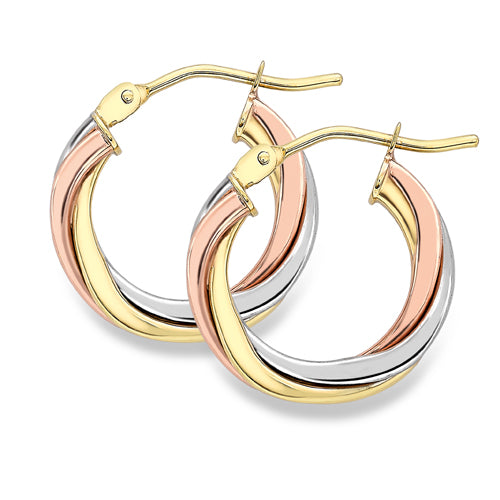 9ct 3 Colour Gold Twist Hoop Earrings