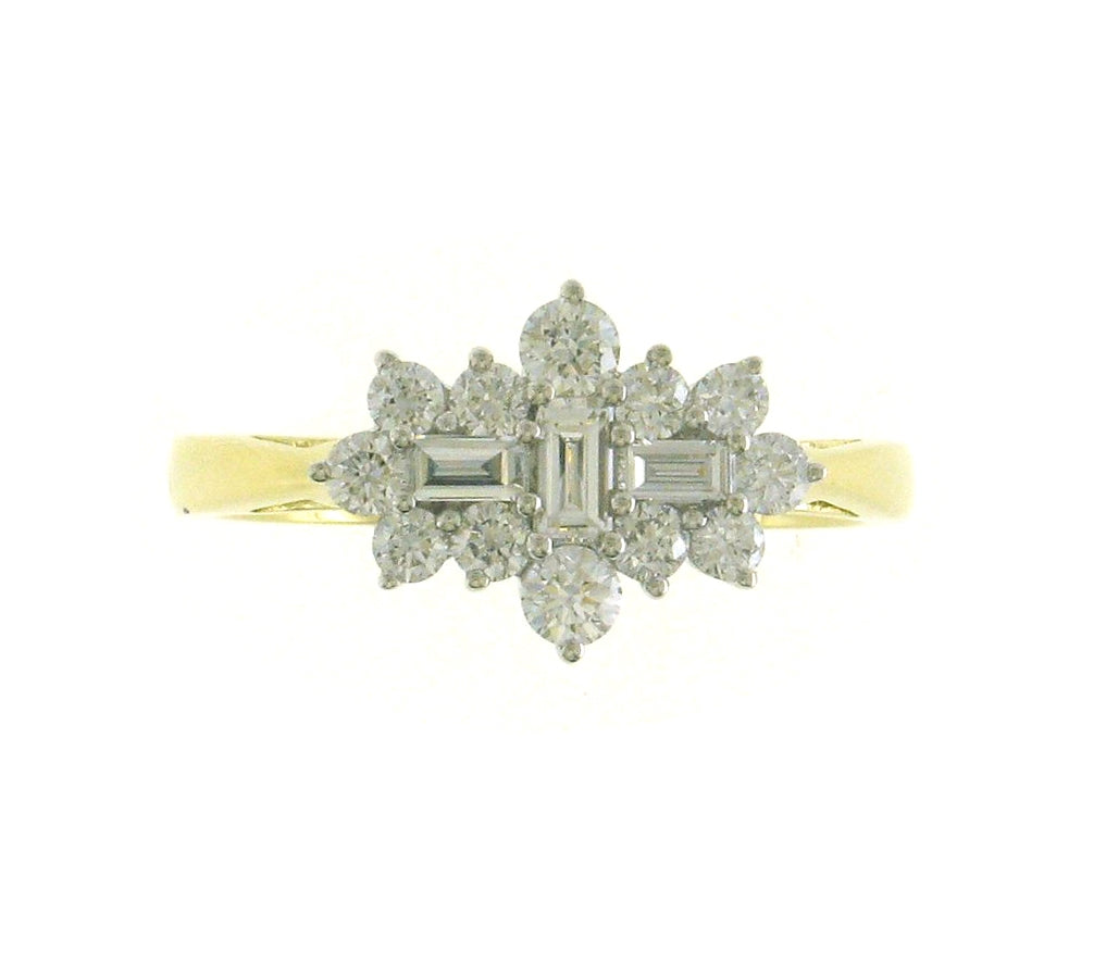 18ct Yellow & White Gold Baguette & Brilliant Cut Diamond Set Cluster Ring