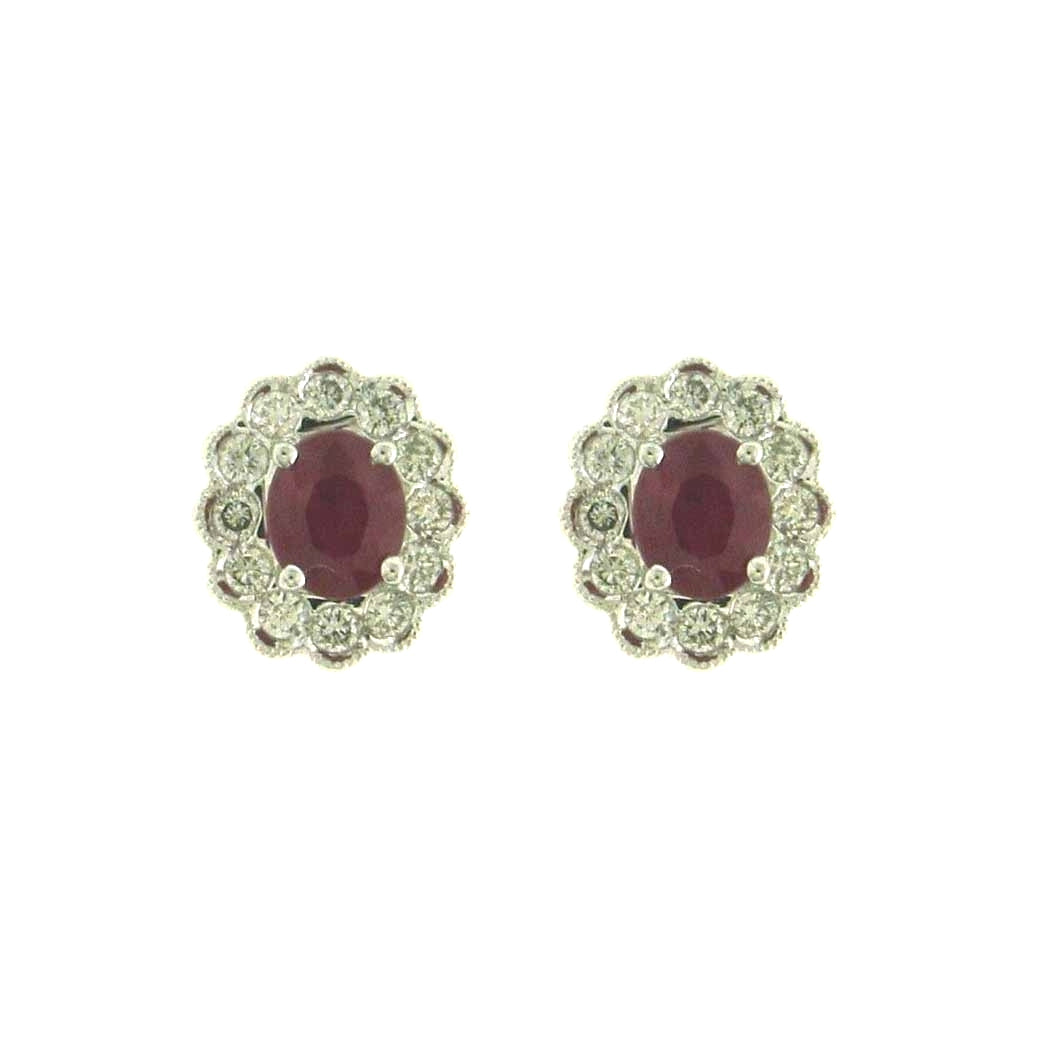 18ct White Gold Oval Ruby & Diamond Set Cluster Stud Earrings
