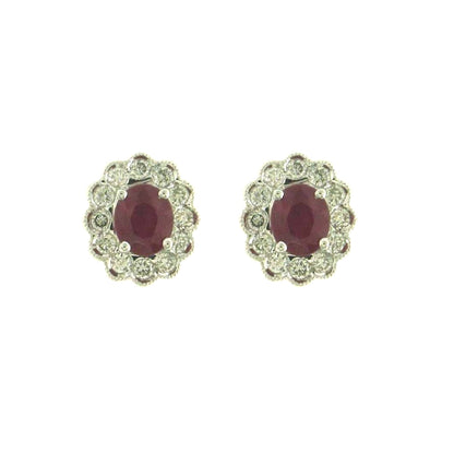 18ct White Gold Oval Ruby & Diamond Set Cluster Stud Earrings