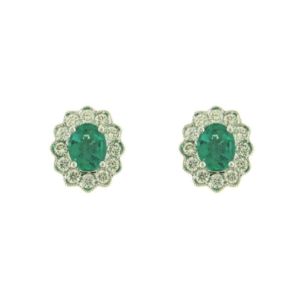18ct White Gold Oval Emerald & Diamond Set Cluster Stud Earrings