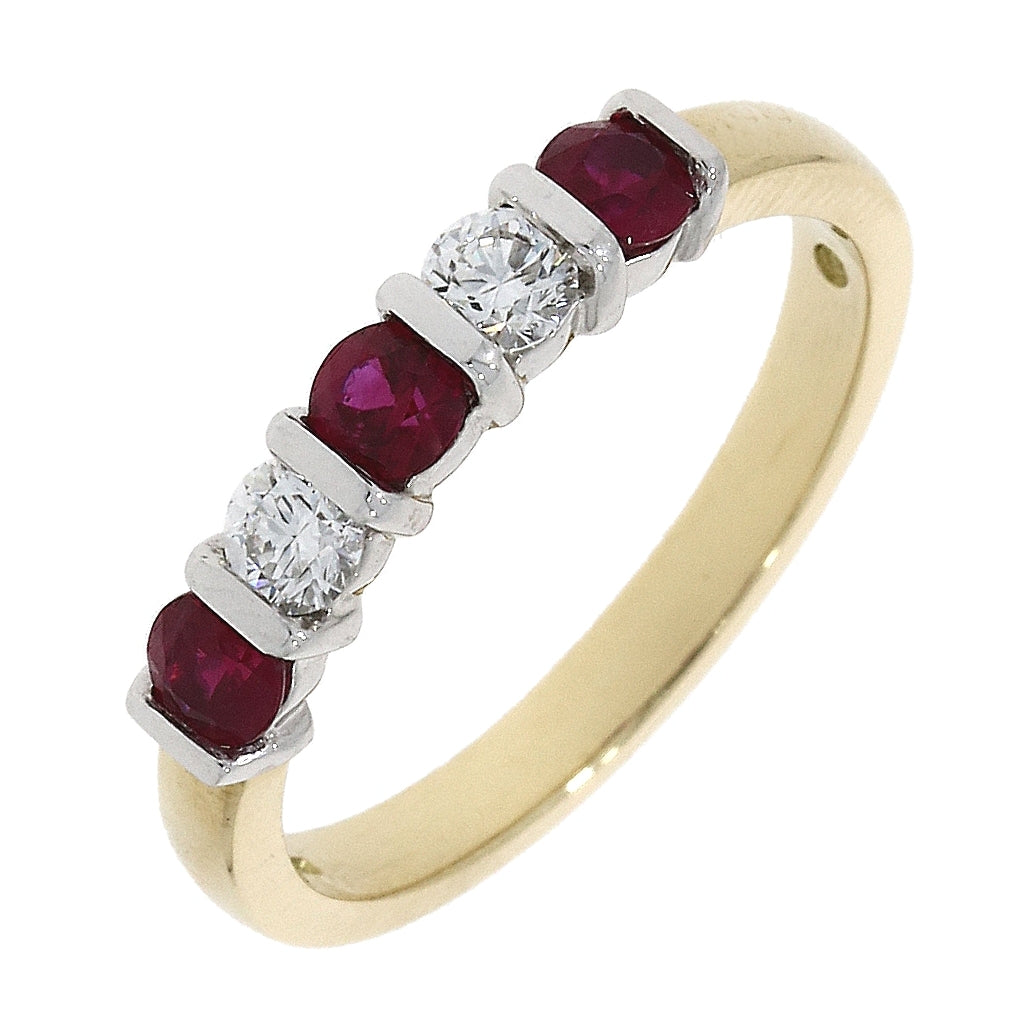 18ct Gold Bar Set Ruby & Diamond Set Five Stone Half Eternity Ring